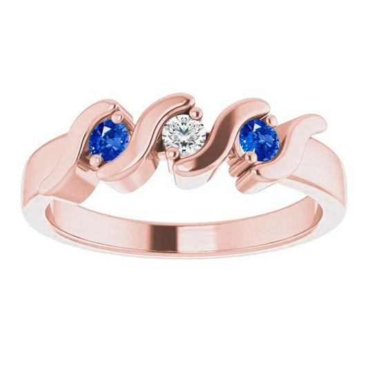 Anello 3 Pietre Diamante Zaffiro Blu 0.90 Carati Oro Rosa 14K - harrychadent.it