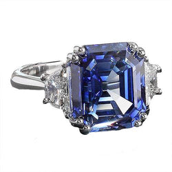 Anello 3 Pietre Diamanti Trapezio Con Zaffiro Blu Asscher 5 Carati