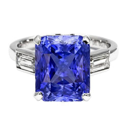 Anello 3 Pietre Zaffiro Radiante & Diamanti Baguette 4 Carati Oro Bianco