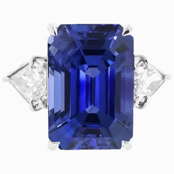 Anello 3 pietre Zaffiro blu smeraldo e diamanti trilioni 4.50 carati Nuovo