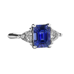 Anello 3 pietre blu zaffiro smeraldo e trilioni di diamanti 2.50 carati