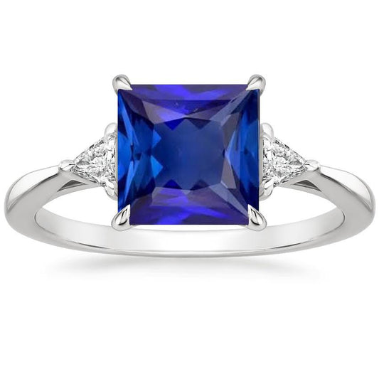 Anello 3 pietre con zaffiro blu principessa e diamanti taglio trilioni 5.50 carati - harrychadent.it
