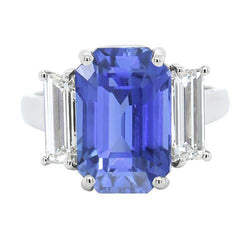 Anello Anniversario 3 Pietre Oro Bianco Taglio Smeraldo Zaffiro Blu 4 Carati
