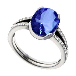 Anello Anniversario con Zaffiro Blu Ceylon Ovale Rotondo Diamante 3.75 Carati