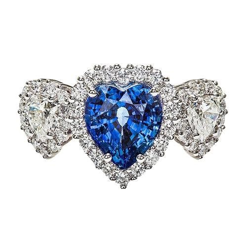 Anello Anniversario in Oro 7 Carati con Zaffiro Blu Taglio Cuore e Diamanti Halo - harrychadent.it