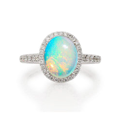 Anello Anniversario in oro bianco 14K con opale grande e diamanti da 9.40 ct