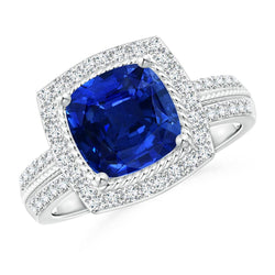 Anello Anniversary con cuscino da 4,75 carati e zaffiro tondo e diamante