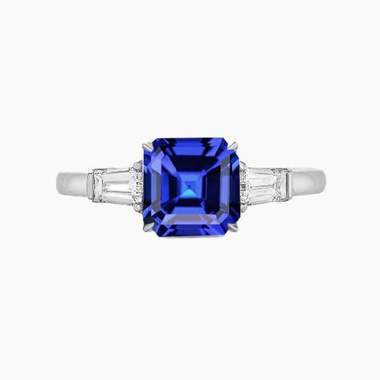 Anello Baguette Diamante 3 Pietre Zaffiro Blu Taglio Asscher 2.50 Carati - harrychadent.it