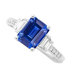 Anello Baguette e Diamanti Rotondi Zaffiro Blu Smeraldo 3.50 Carati