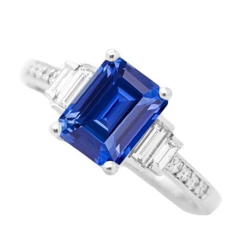 Anello Baguette e Diamanti Rotondi Zaffiro Blu Smeraldo 3.50 Carati - harrychadent.it