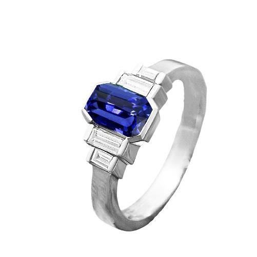 Anello Barretta con diamanti baguette e zaffiro blu a taglio radiante. 2 carati - harrychadent.it