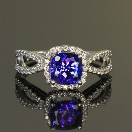 Anello Cuscino Tanzanite Blu E Diamante 5.50 Carati Oro Bianco 14K - harrychadent.it