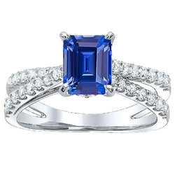 Anello Di Fidanzamento Con Zaffiro Blu Gambo Diviso Diamanti Rotondi 3.50 Carati