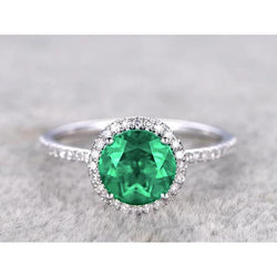 Anello Di Fidanzamento Verde Smeraldo Taglio Rotondo Diamante Oro Bianco 14K 5 Ct