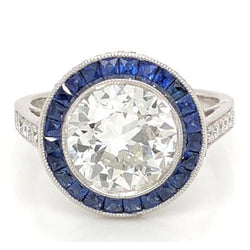 Anello Diamante 5 Carati Halo Ceylon Blue Sapphire Milgrain Oro Bianco