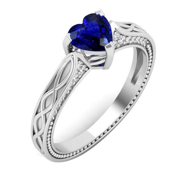 Anello Diamante Cuore Zaffiro Blu Milgrain & Filigrana Gambo 1.25 Carati - harrychadent.it