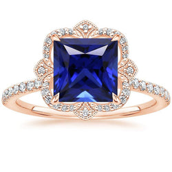 Anello Diamante Stile Vintage Principessa Blu Zaffiro Con Accenti 6 Carati