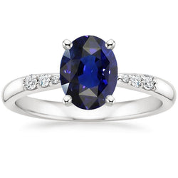 Anello Donna Oro Bianco Zaffiro Blu Ovale & Diamanti Rotondi 3.50 Carati
