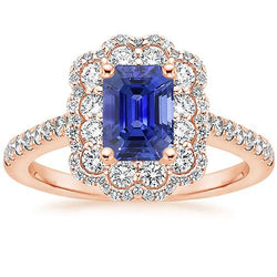 Anello Double Halo Smeraldo Zaffiro Sri Lanka e Diamante 5 Carati