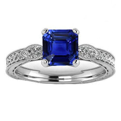 Anello Gemma Stile Vintage Asscher Blu Zaffiro Con Accenti 3 Carati
