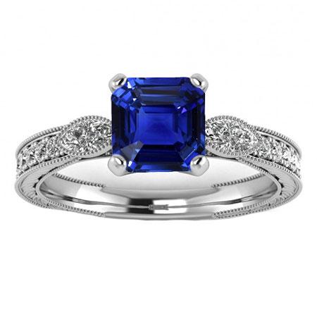 Anello Gemma Stile Vintage Asscher Blu Zaffiro Con Accenti 3 Carati - harrychadent.it