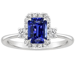 Anello Halo 3 Pietre Zaffiro Blu Radiante & Diamante 4.50 Carati
