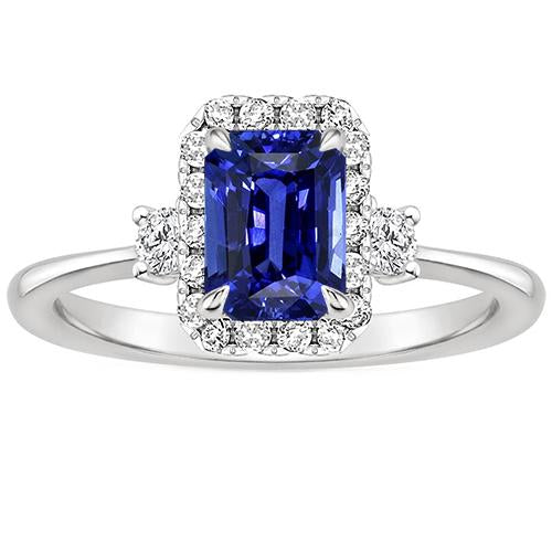 Anello Halo 3 Pietre Zaffiro Blu Radiante & Diamante 4.50 Carati - harrychadent.it