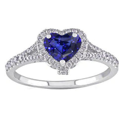 Anello Halo 3,50 Carati Cuore Zaffiro blu con pavé di diamanti con gambo diviso