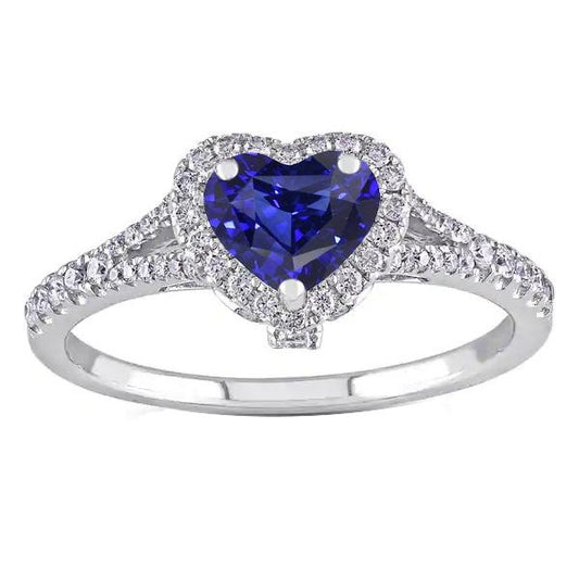 Halo Heart Blue Sapphire Ring Pave Split Shank Diamonds 3.50 Carati - harrychadent.it