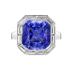 Anello Halo 3,50 carati Zaffiro blu radiante e diamanti Baguette in oro bianco 14 carati