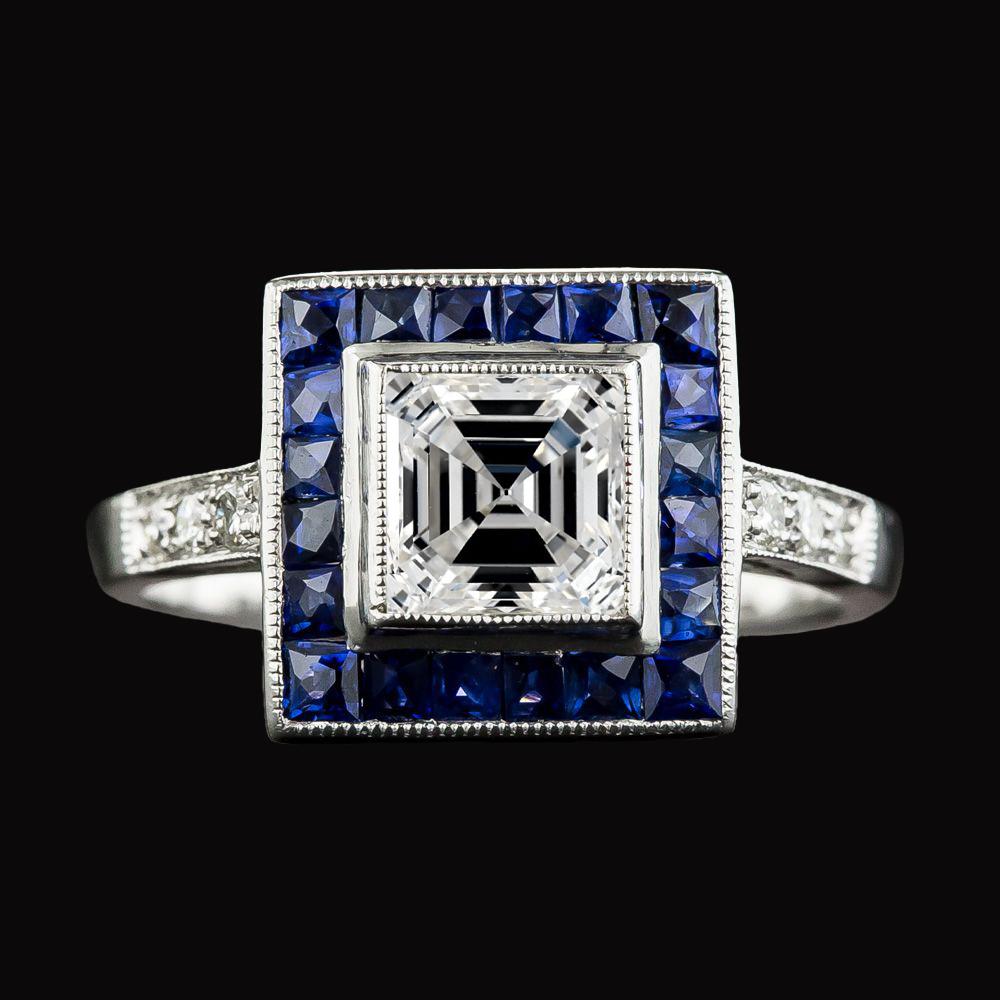 Anello Halo Asscher con diamanti e zaffiri blu trapezoidali 5 carati in oro - harrychadent.it