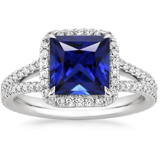 Anello Halo Blue Sapphire and Diamond 6.5 Carat Princess con accento - harrychadent.it