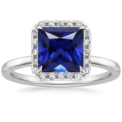 Anello Halo Con Diamanti Di Forma Quadrata Con Zaffiro Blu Ceylon 5.50 Carati