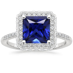Anello Halo Con Diamanti Rotondi Con Zaffiro Blu Princess Cut Center 6 Carati