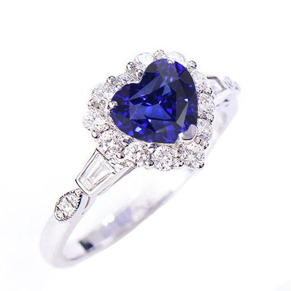 Anello Halo Heart Blue Zaffiro Con Baguette E Diamanti Rotondi 3 Carati - harrychadent.it