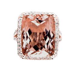 Anello Halo Cushion Morganite E Diamante 13.90 Ct Oro Rosa