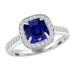 Anello Halo Cushion con zaffiro Ceylon da 3,50 carati e diamante incastonati in oro