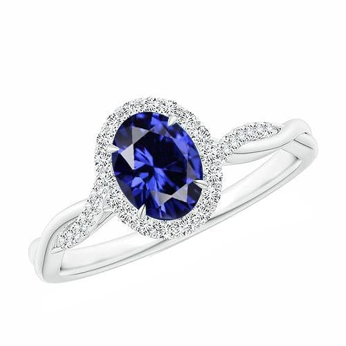 Anello Halo Diamante Bianco Zaffiro Blu Naturale Con Gambo Ritorto 5 Carati - harrychadent.it