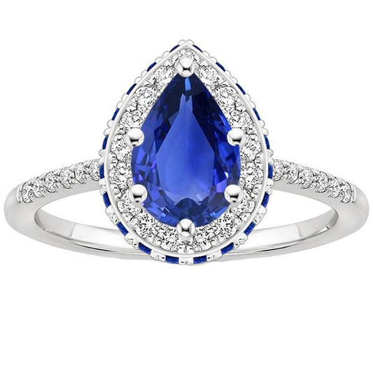 Anello Halo Diamante Pera & Zaffiri Blu Rotondi Con Accenti 5.25 Carati - harrychadent.it