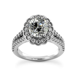 Anello Halo Diamanti Ovali Taglio Vecchio Stile Fiore 6 Carati Gambo Diviso