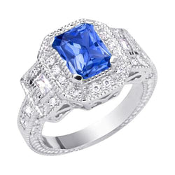 Anello Halo Diamond Zaffiro Radiante 2.50 Carati Stile Vintage Baguette