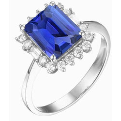 Anello Halo Emerald Blue Zaffiro Rotondo e Diamanti Baguette 3.50 Carati