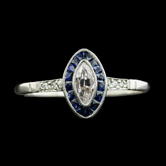 Anello Halo Marquise con diamanti a taglio antico e zaffiri trapezoidali 3 carati - harrychadent.it