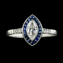 Anello Halo Marquise con diamanti a taglio antico e zaffiro trapezoidale 3.50 carati