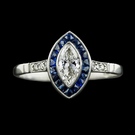Anello Halo Marquise con diamanti a taglio antico e zaffiro trapezoidale 3.50 carati - harrychadent.it