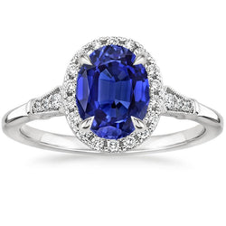 Anello Halo Oval Ceylon Zaffiro Anniversario Con Accenti 4.50 Carati
