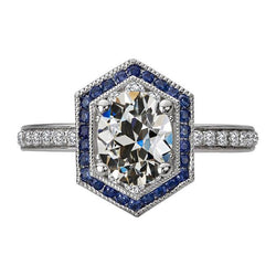 Anello Halo Oval vecchio minatore Diamante e Zaffiri Blu Rotondi 7 Carati