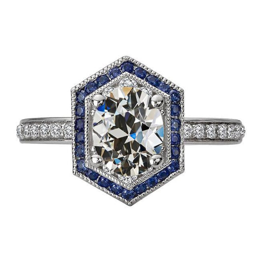 Anello Halo Oval vecchio minatore Diamante e Zaffiri Blu Rotondi 7 Carati - harrychadent.it
