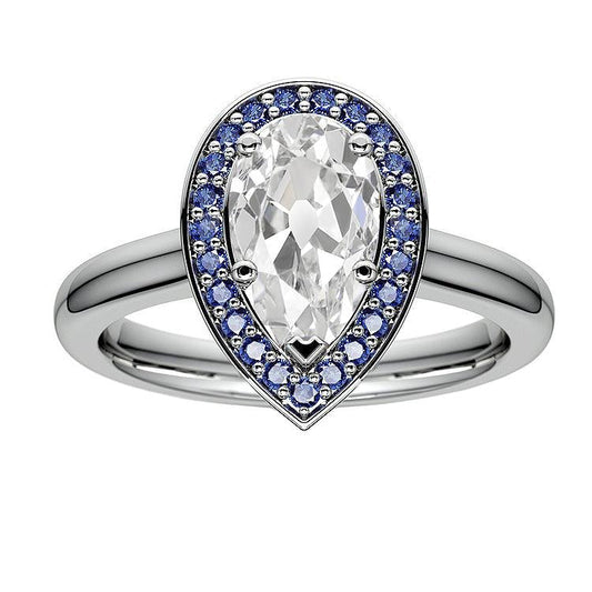 Anello Halo Pear vecchio minatore Diamante & Zaffiri Blu Rotondi 5 Carati - harrychadent.it