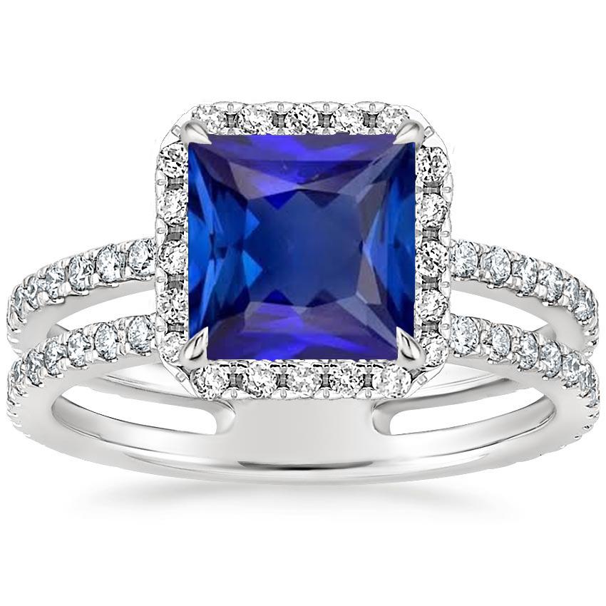 Anello Halo Princess Blue Sapphire Con Pave Diamond Accenti 6.50 Carati - harrychadent.it